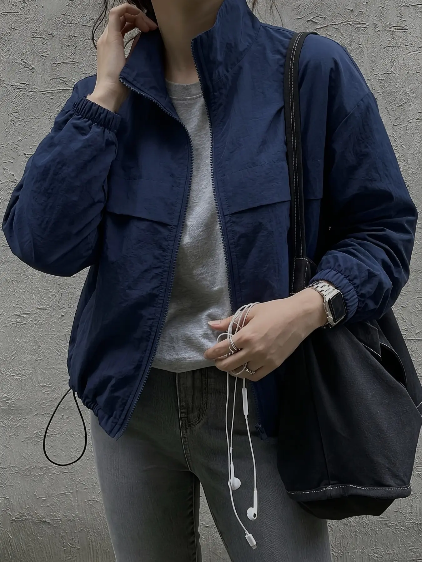 Women's Korean Style Casual Outdoor Short Jacket, Full Zip Loose Fit, Adjustable Drawstring Hem, Breathable Fabric, Windproof Coat, Lightweight Zip Coats