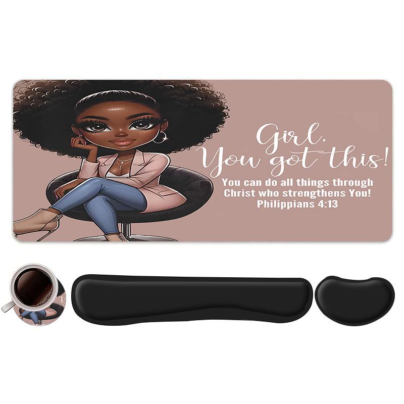 4pcs Inspirational Quote "Girl You Got This "Design Mouse Pad + Keyboard Wrist Rest + Ergonomic Mouse Pad + Coaster Set For Desktop Decoration, Office Accessories Set Ergonomic Wrist Support, Computer Mat Mouse Pad Coaster Suitable For Home Office Gaming