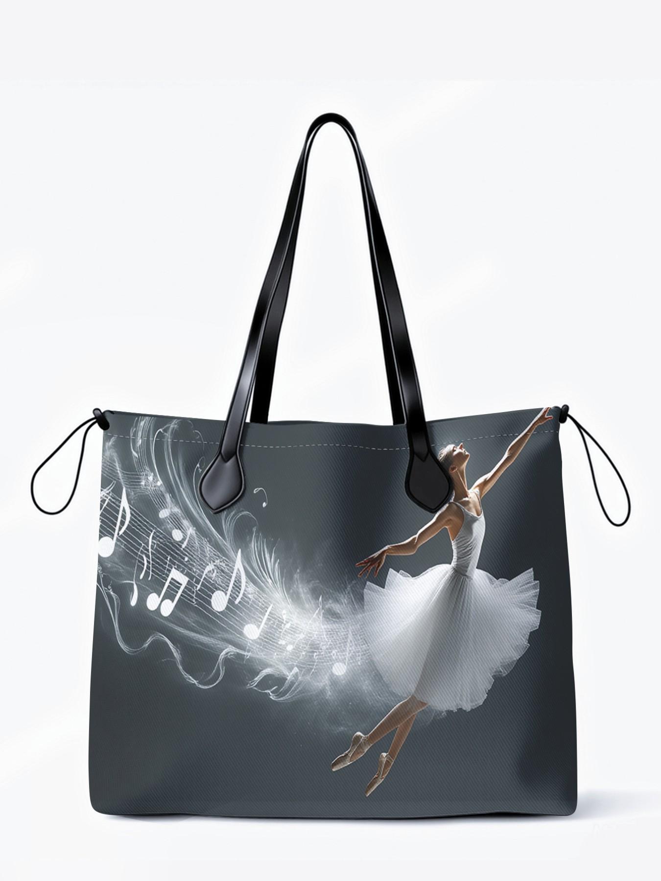 Dancer Pattern 2D Printed Drawstring Tote Bag, Large Capacity Shopping Bag, Durable and Wear-Resistant, Random Print, Casual Style