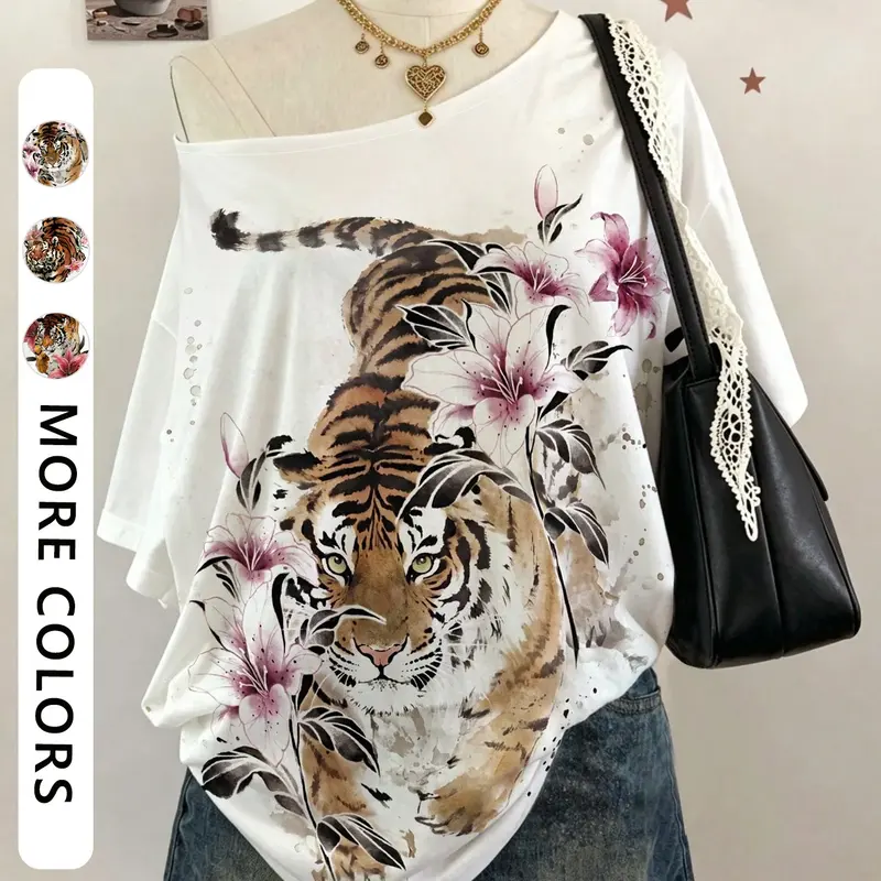 Women's Casual Retro Street Tiger Flower Print T-Shirt, Sexy Off-Shoulder Loose Fit Oversize, Summer Fall, Daily Commute, Campus, City, Holiday Fashion