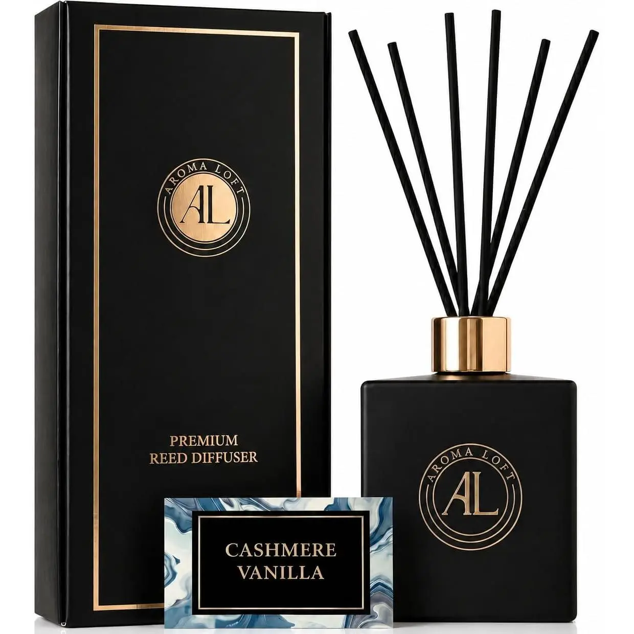 Black Reed Diffusers for Home |   Premium Fragrance Diffuser |   Reed Diffuser Sticks in Oil Set with Cashmere Vanilla Scent |   Long-Lasting Oil for Bathroom & Office (5 oz)