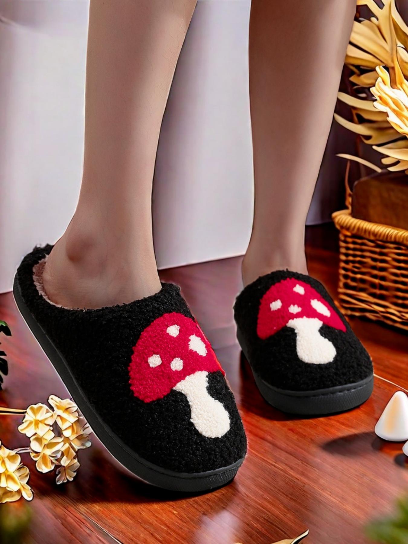 Mushroom Embroidered Plush Slippers, Creative Mushroom Design, Unisex Indoor Outdoor Warm Non-Slip Shoes, Fall Winter Gift, House Slippers