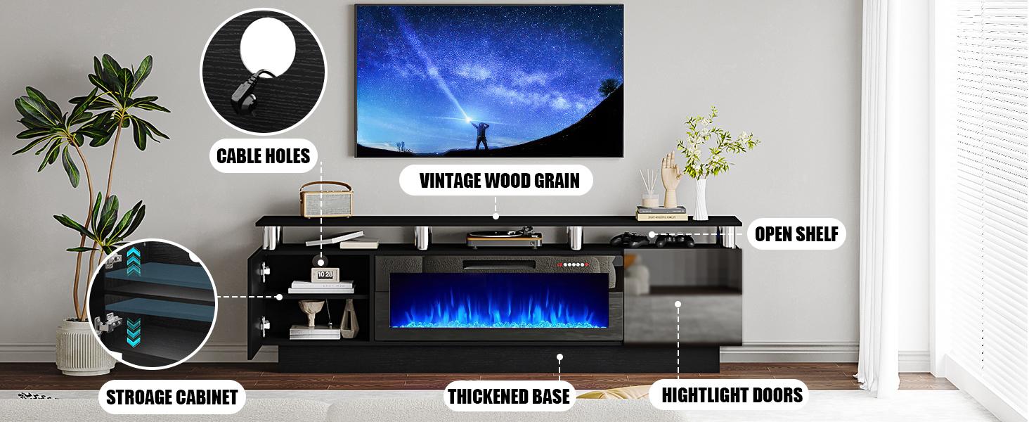 PUKAMI 70" Modern Fireplace TV Stand with 36" Electric Fireplace for TVs Up to 80 inch, Luxury LED Light Entertainment Center with High Gloss Cabinet, TV Consoles for Living Room
