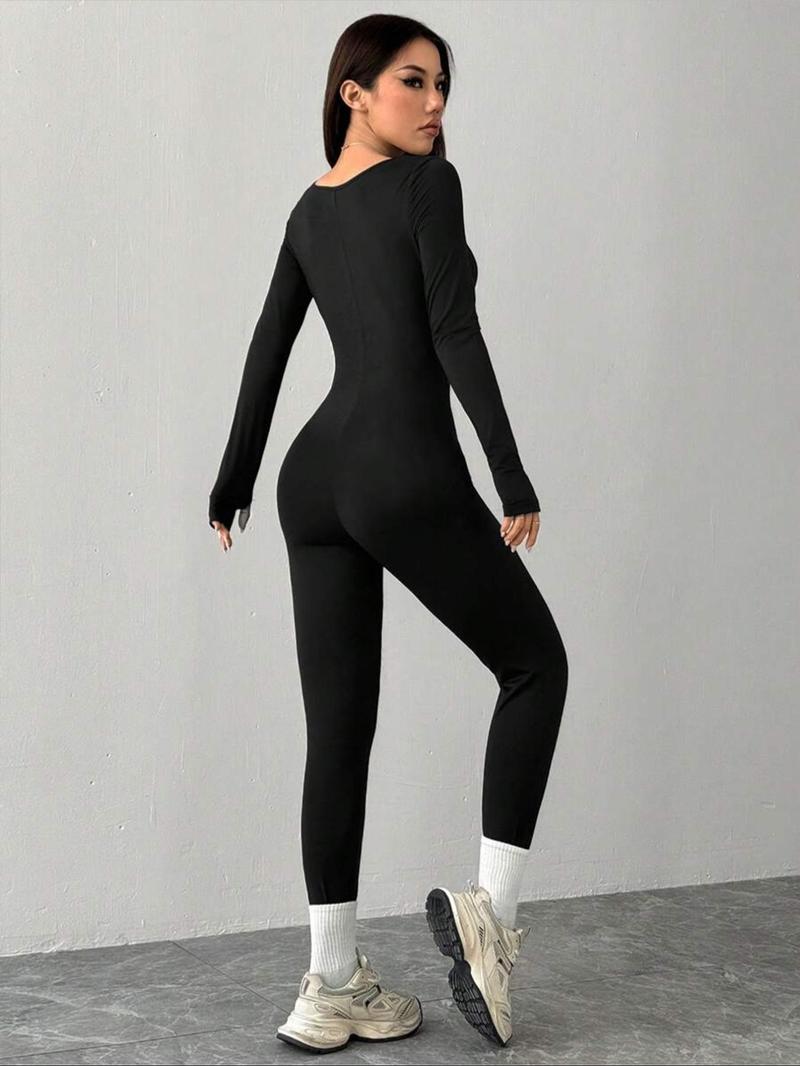 Women's Solid Color Slim Fit Square Neck Unique Design Tight Comfortable Long Sleeve Cuffed Jumpsuit, Casual Fashion All Occasion Wear