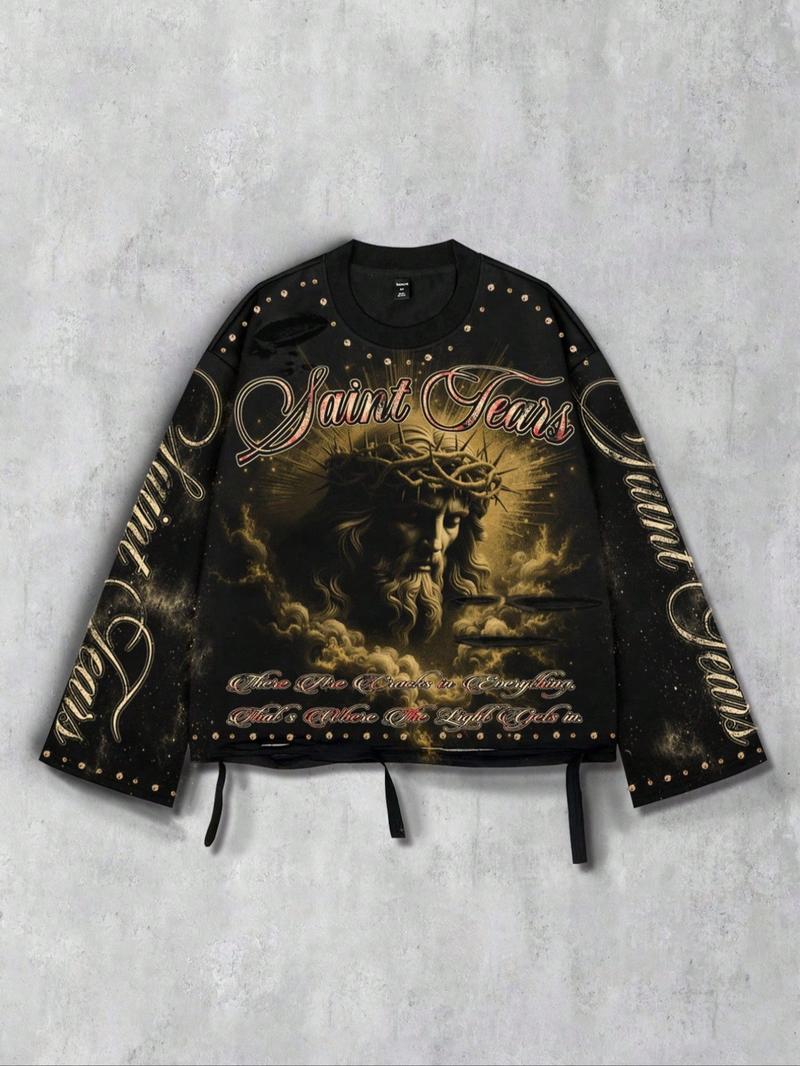 Men's Vintage Street Style Saint Print Long Sleeve Round Neck T-Shirt, Loose-Fitting Short Fit, Fall 2000s Fashion