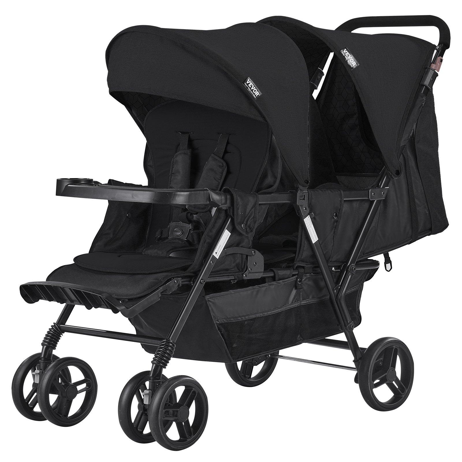 VEVOR Lightweight Foldable Tandem Double Stroller with Tandem Seating, Adjustable Backrest, Adjustable Footrest, Wrap Harness, Storage Tray, Storage Basket, Push Handle, for Newborns (Newborn Baby Stuff), Outdoor Walks (Black)