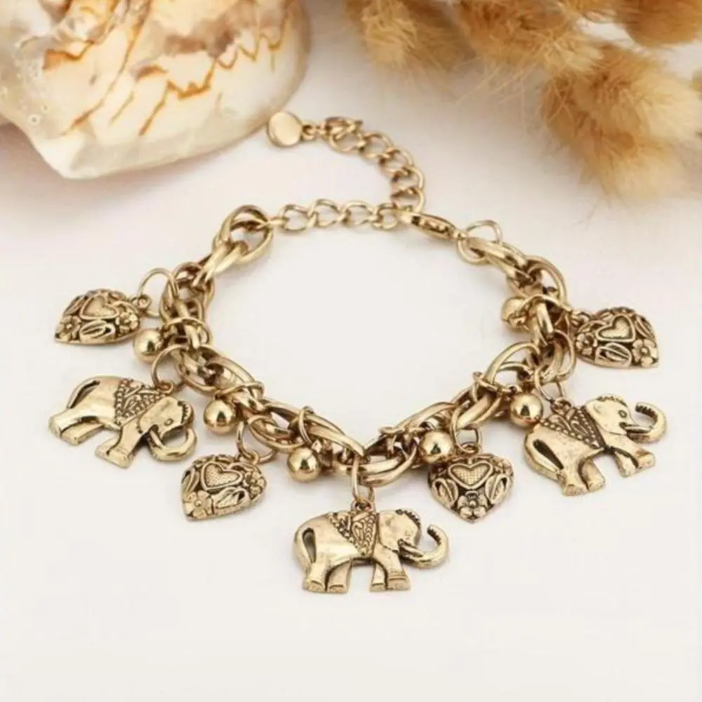 Women's Stainless Steel Vintage Elephant & Heart Anklet-Bag Charm, Ancient Roman Sleek Design, Adjustable One-Size Boho Ankle Bracelet, Beach-Ready Sports & Outdoor Accessory, Animal-Themed Gift