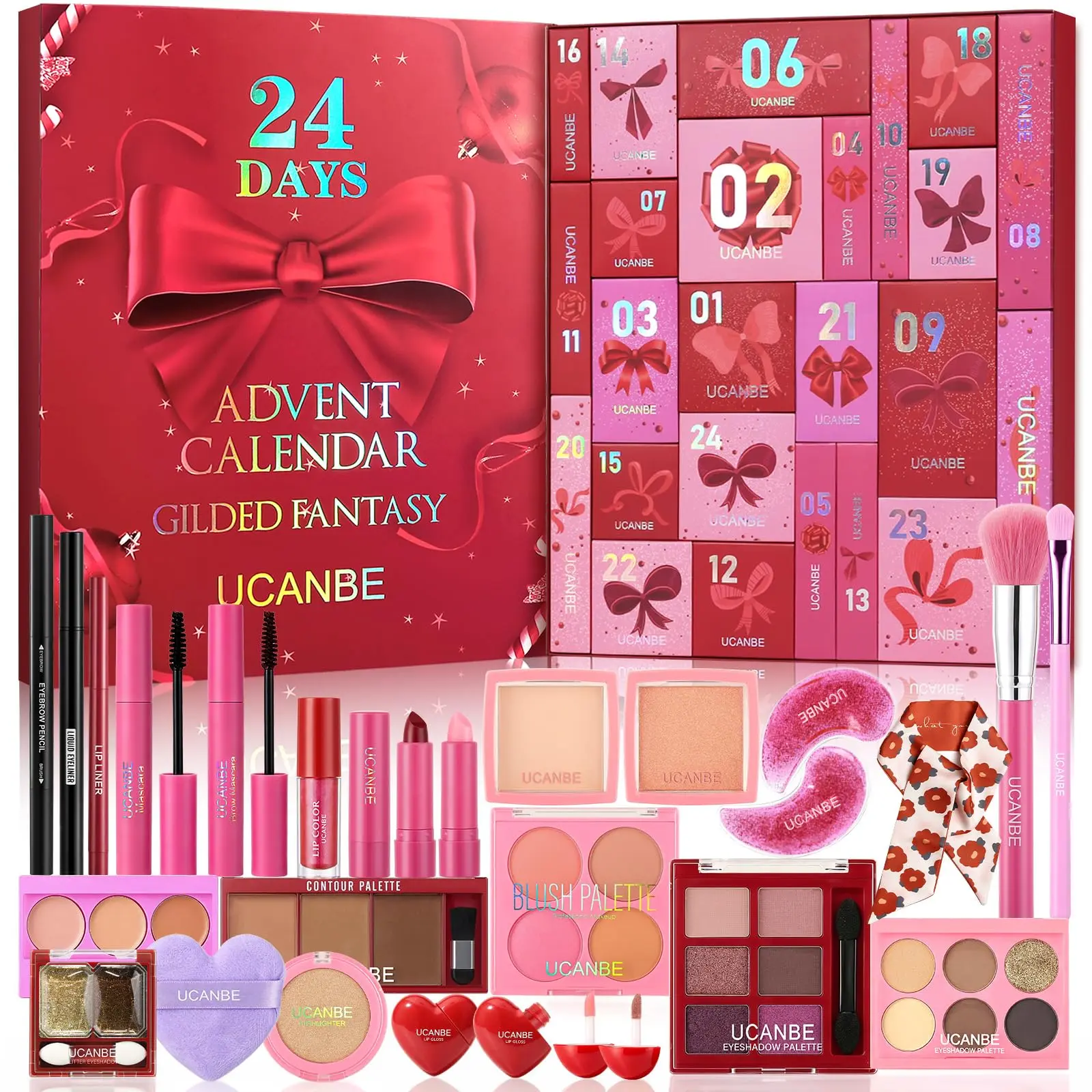 UCANBE 2026 Makeup Advent Calendar - 24-Day Christmas Beauty & Cosmetic Essentials Countdown Kit, Holiday Surprise Gift Set for Women (Red), Advent Calendar 2026