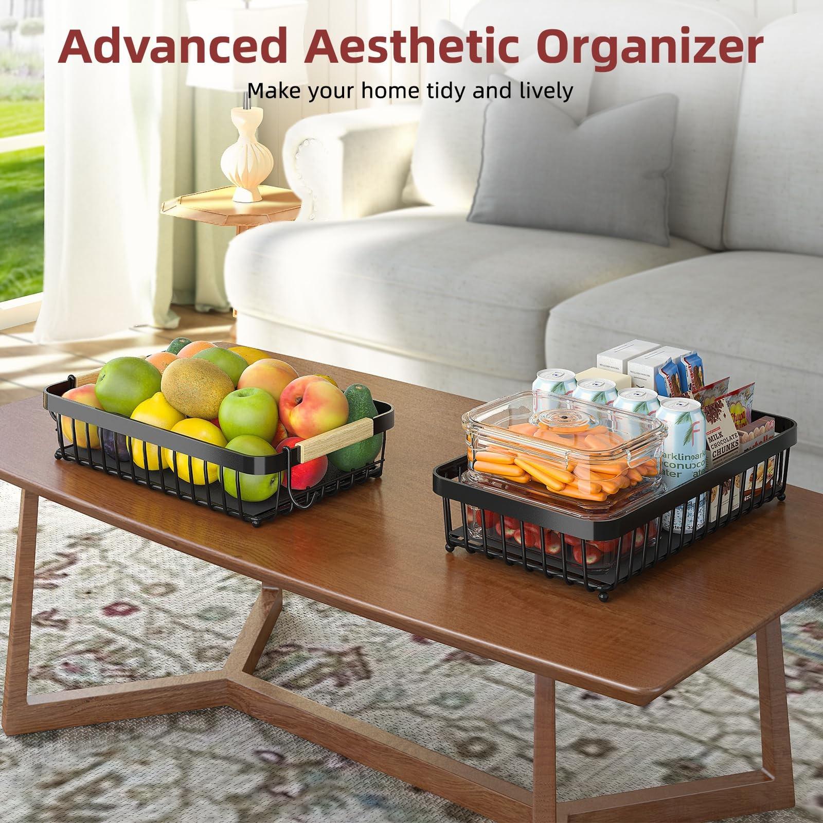 Double Layer Large Fruit Basket, Kitchen Countertop Organizer, Includes Two Removable Banana Hooks, Durable Storage Solution