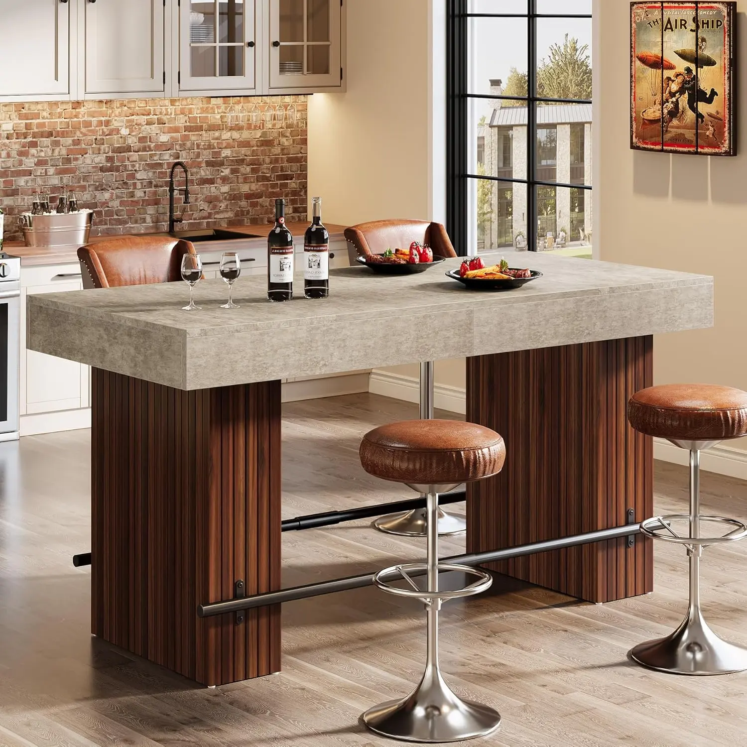 LustreC 62.2 Inch Bar Table, Industrial Bar Height Counter Table, Rectangular Home Bar Units with Metal Footrest for Home Kitchen, Dining Room, Bistro, Gray Cement and Red Brown