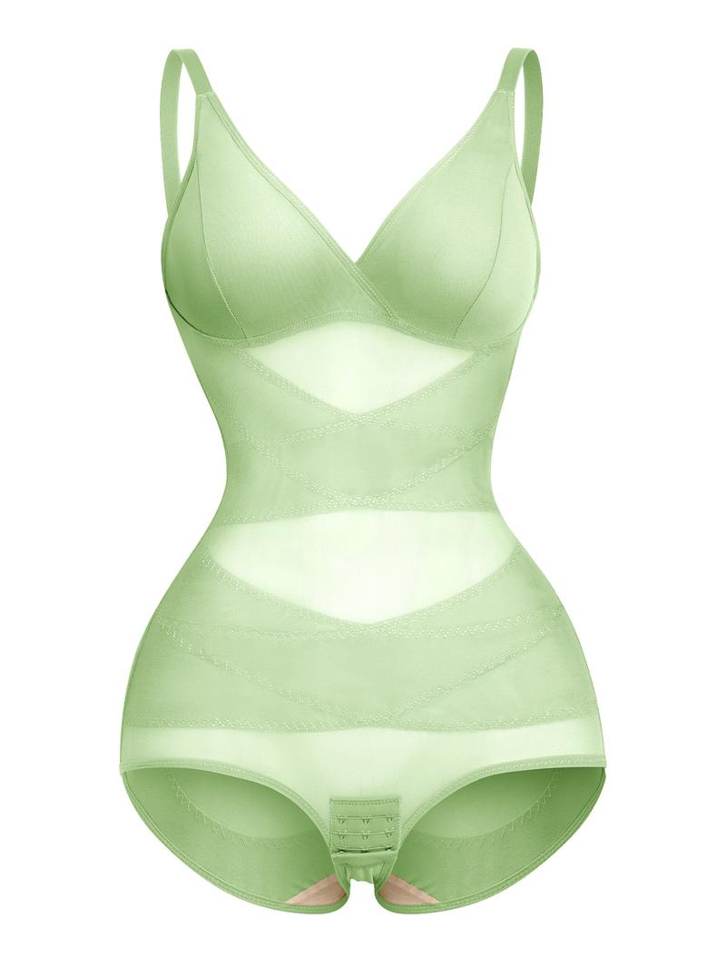 Women's Solid Sheer Contrast Mesh Padded Shapewear Bodysuit, Deep V Neck High Stretch Butt Lift Tummy Control Shapewear Cami Bodysuit, Women's Shapewear