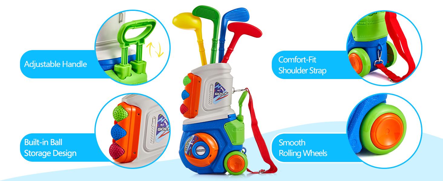 Unisex Kids' Mini Plastic Backyard Golf Set for 1-5 Years, 4 Clubs, 10 Balls, Manual Play Cart, 1.9 lbs, 4 x 6 x 11 in, Indoor-Outdoor Learning Sports Toy (Blue) for Birthdays, 1.9 Pounds