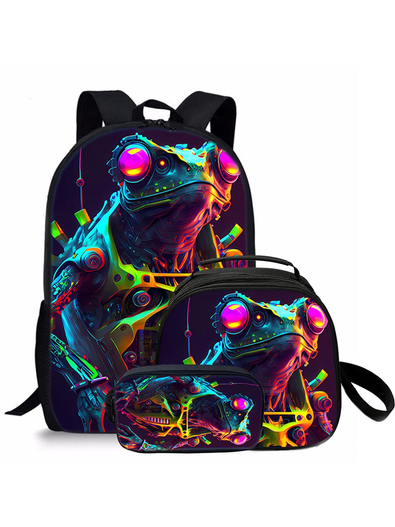 Mechanical frog pattern printed 17-inch backpack three-piece set (single-layer backpack + shoulder strap round lunch bag + single-layer pencil bag)