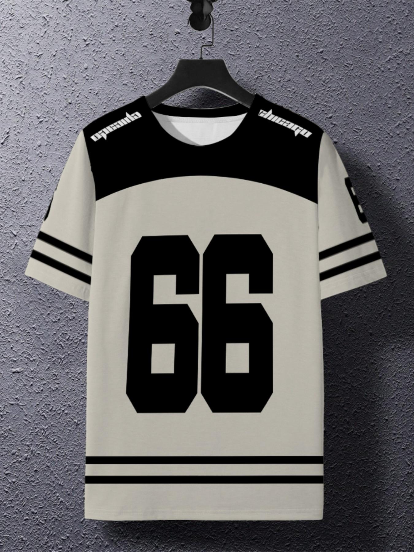 New Casual 3D Digital Print Round Neck T-Shirt, Comfortable Breathable Fabric, Sports Fitness, Number 66 Athletic Jersey