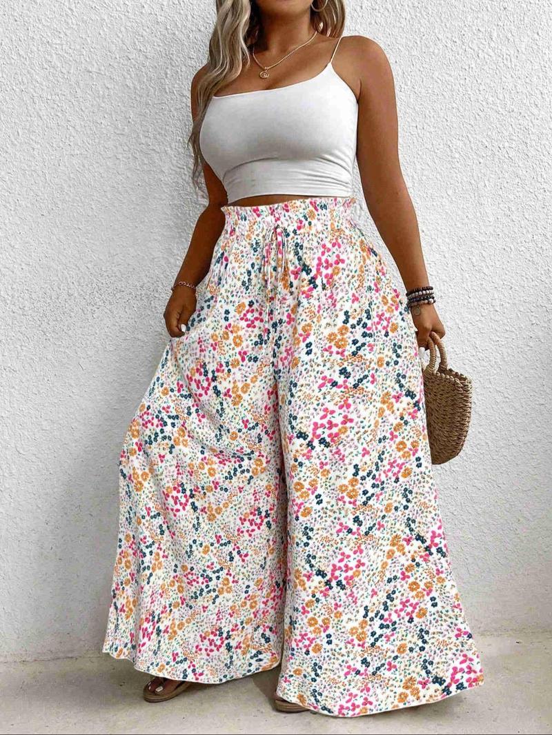 ["Plus Size"] Floral Print Pants, Bohemian Street Trousers, Boho Casual Comfy Wide Leg Trousers for Vacation Holiday, Women's Bottoms for Summer