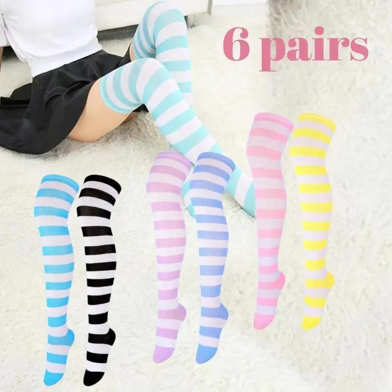 6Pairs Striped Thigh High Socks, Women Over-the-Knee High Stockings, Breathable Comfortable Machine Washable Knee High Warm Long Socks, For Boots Everyday Wear, Perfect Gift for Women Daily Wear