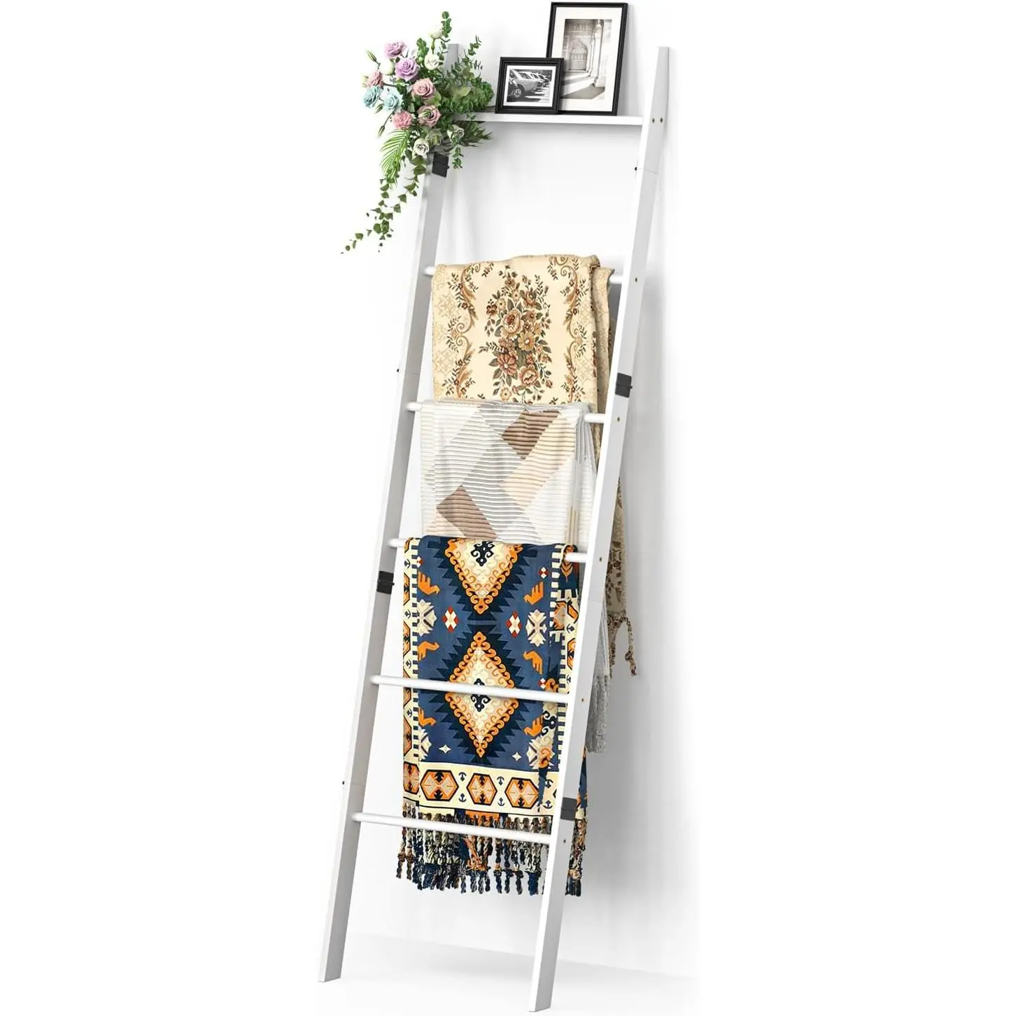 6-Tier Blanket Ladder, Rustic Decorative Blanket Quilt Ladder Rack Towel Holder, Wall Leaning Blanket Ladder Storage Shelf, Farmhouse Decor for Living Room Bedroom Bathroom, White