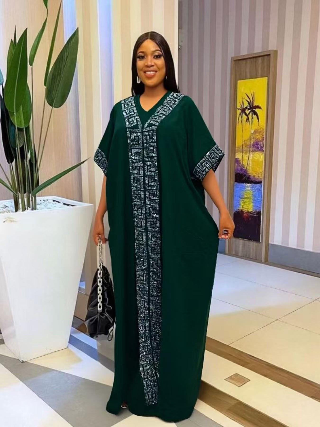 2026 African Nigerian Style Women's Islamic Clothing Rhinestone Loose Boubou Kaftan Dress, Elegant Solid Color, Muslim Ethnic Robe with Matching Scarf & Pockets, Daily Party Wear 2026 African Nigerian Style Women's Islamic Clothing Rhinestone Loose Boubou Kaftan Dress, Elegant Solid Color, Muslim Ethnic Robe with Matching Scarf & Pockets, Daily Party Wear