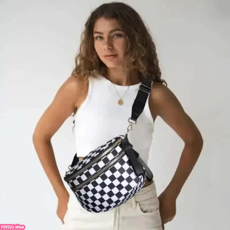 2026 Women Checkered Nylon Fanny Pack Y2K Trendy Crossbody Belt Bag Adjustable Strap Sling Purse Large Capacity Waist Pouch for Outdoor Festival