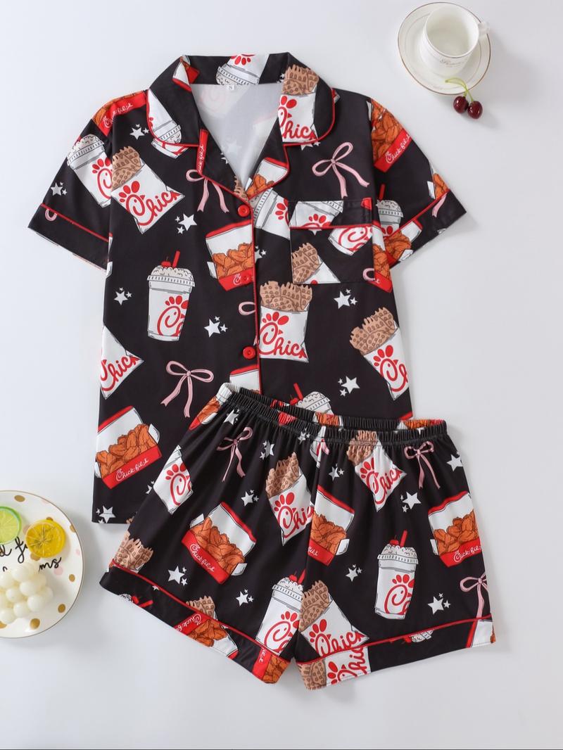 Women's All Over Print Button Front Shirt & Shorts Pyjama Set, Comfort Two-piece Pj Set for Homewear, Women's Sleepwear for All Seasons, Pajama Set