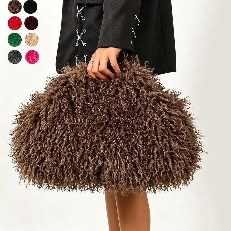 Cloud clutch, overall curly long hair texture, large storage capacity, Maillard retro atmosphere, women's plush clutch bag, suitable for parties, daily outings, gentle and niche fashionable women's bag