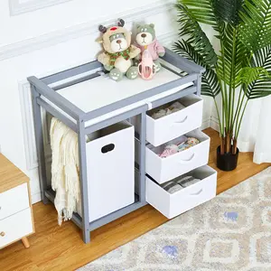 Wooden Baby Changing Table, Diaper Changing Table, Safety Belt & Pad Included, 3 Drawer Basket and Changing Pad, Nursery Diaper Changing Station