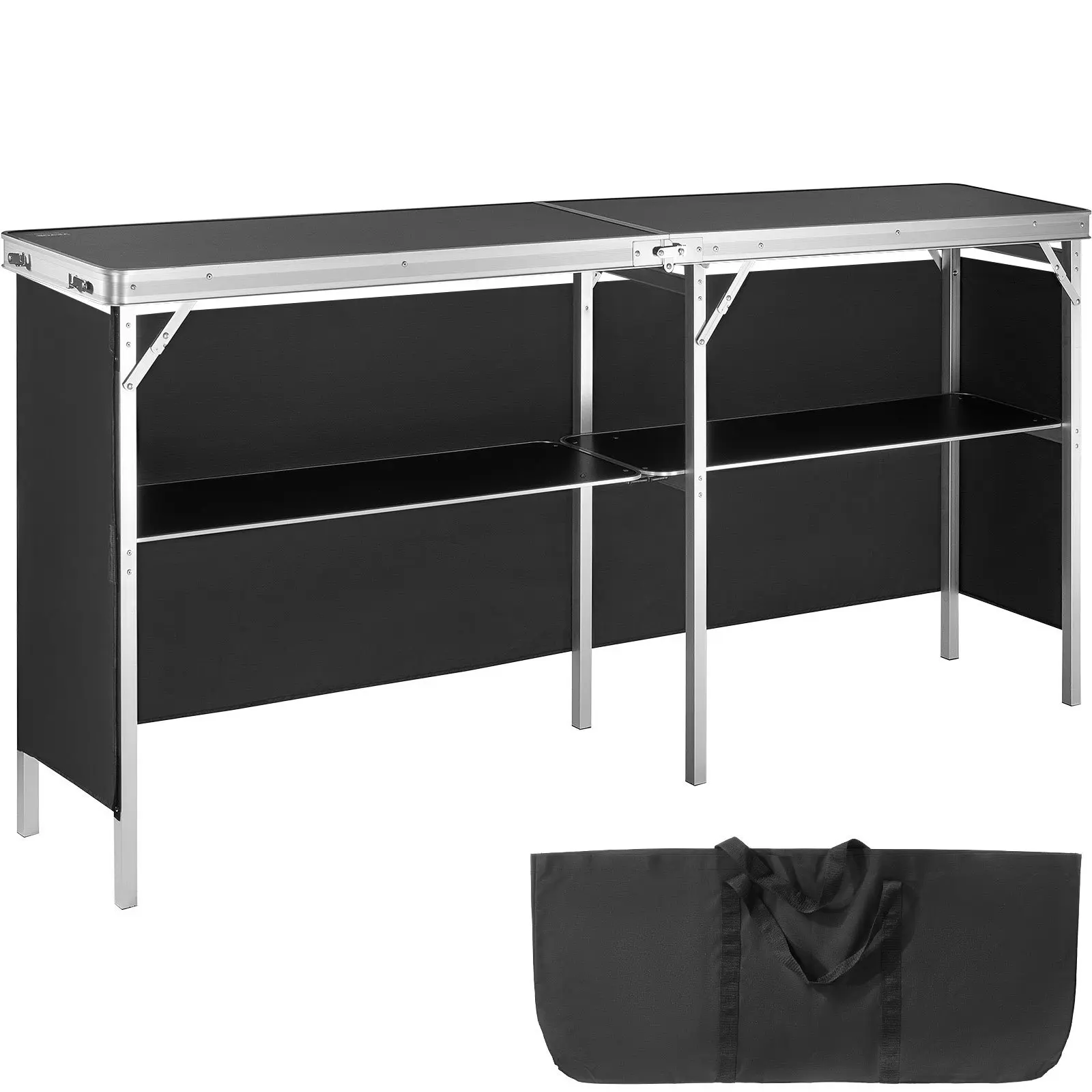 VEVOR Extra Long Folding Portable Bar Table - Tradeshow Podium Table for Indoor, Outdoor, Party, Picnic, Exhibition, Includes Carrying Case, Storage Shelf and Black Skirt, 77.95" x 15.16"x 34.65"