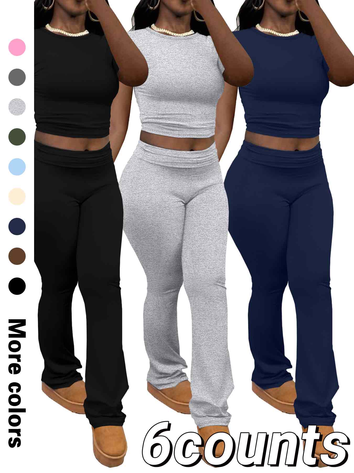 Women's Solid Color Crop Tee & Flare Leg Pants Two-piece Set, Casual Fashion Cozy Round Neck Short Sleeve Top & Trousers for Daily Outdoor Wear, Ladies Clothes for Summer