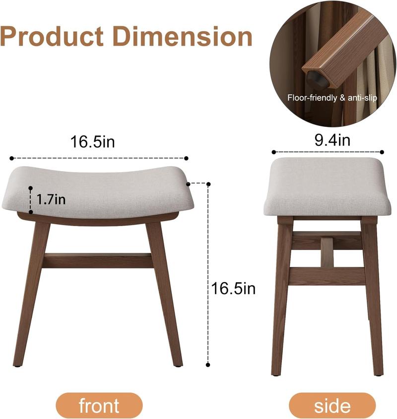 Solid Wood Vanity Stool, Saddle Cushion Vanity Bench with High-Strength Rebound Sponge, Easily Assembly, Vanity Chair, Foot Stool, Makeup Stool for Bedroom, Entryway
