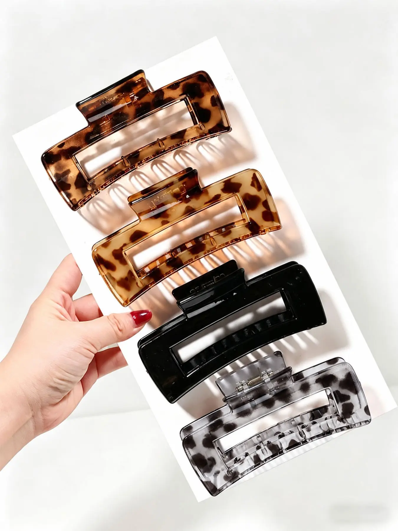 4 Pcs Large Rectangular Hair Claw Clips, Leopard & Tortoise Shell Pattern, Non-Slip Matte Acetate, Retro Strong-Hold Fashion Accessories for Thick & Thin Hair, Daily Styling & Party, Anti Slip Clips