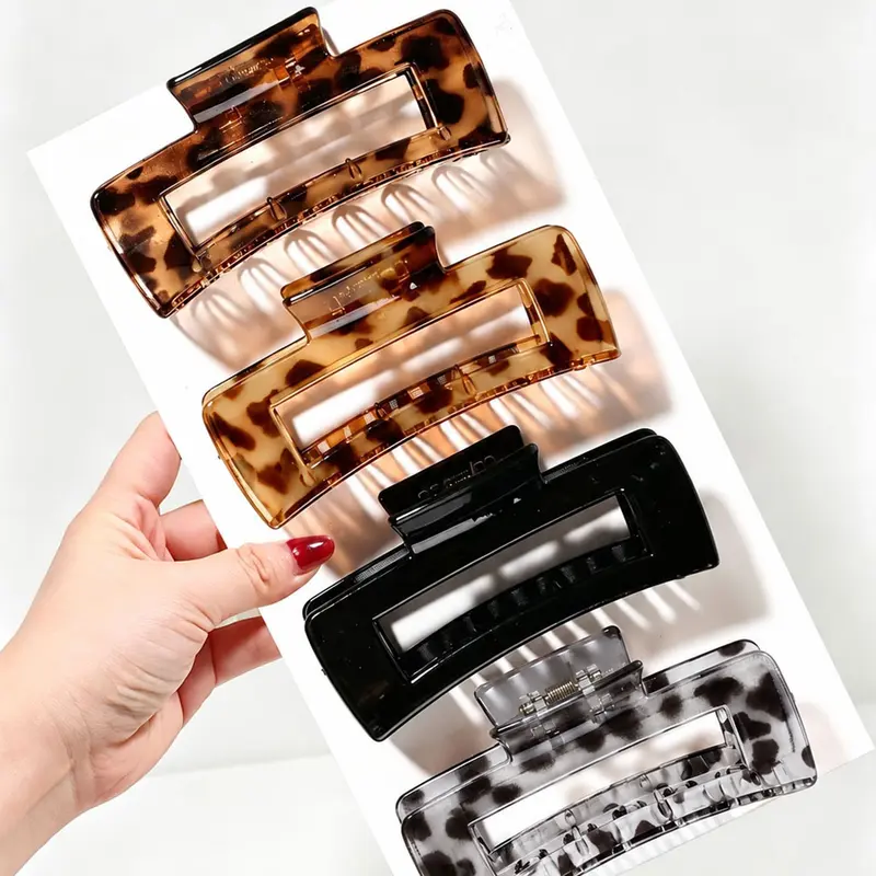 4 Pcs Large Rectangular Hair Claw Clips, Leopard & Tortoise Shell Pattern, Non-Slip Matte Acetate, Retro Strong-Hold Fashion Accessories for Thick & Thin Hair, Daily Styling & Party, Anti Slip Clips