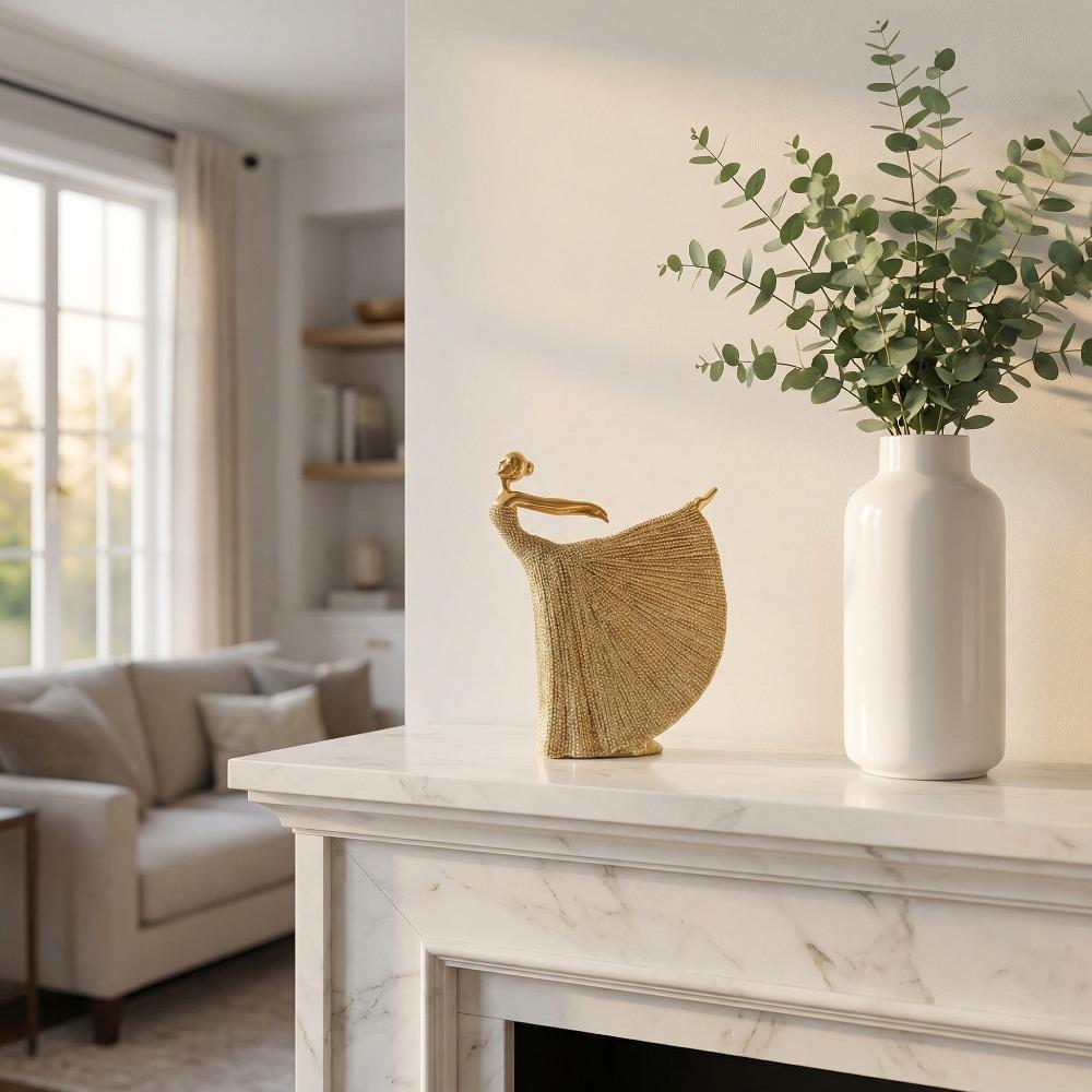 Golden Ballerina Resin Statue, Beaded Textured Dancer Decor, Luxury Art Figurine, Modern Home Accent, Tabletop Shelf Ornament