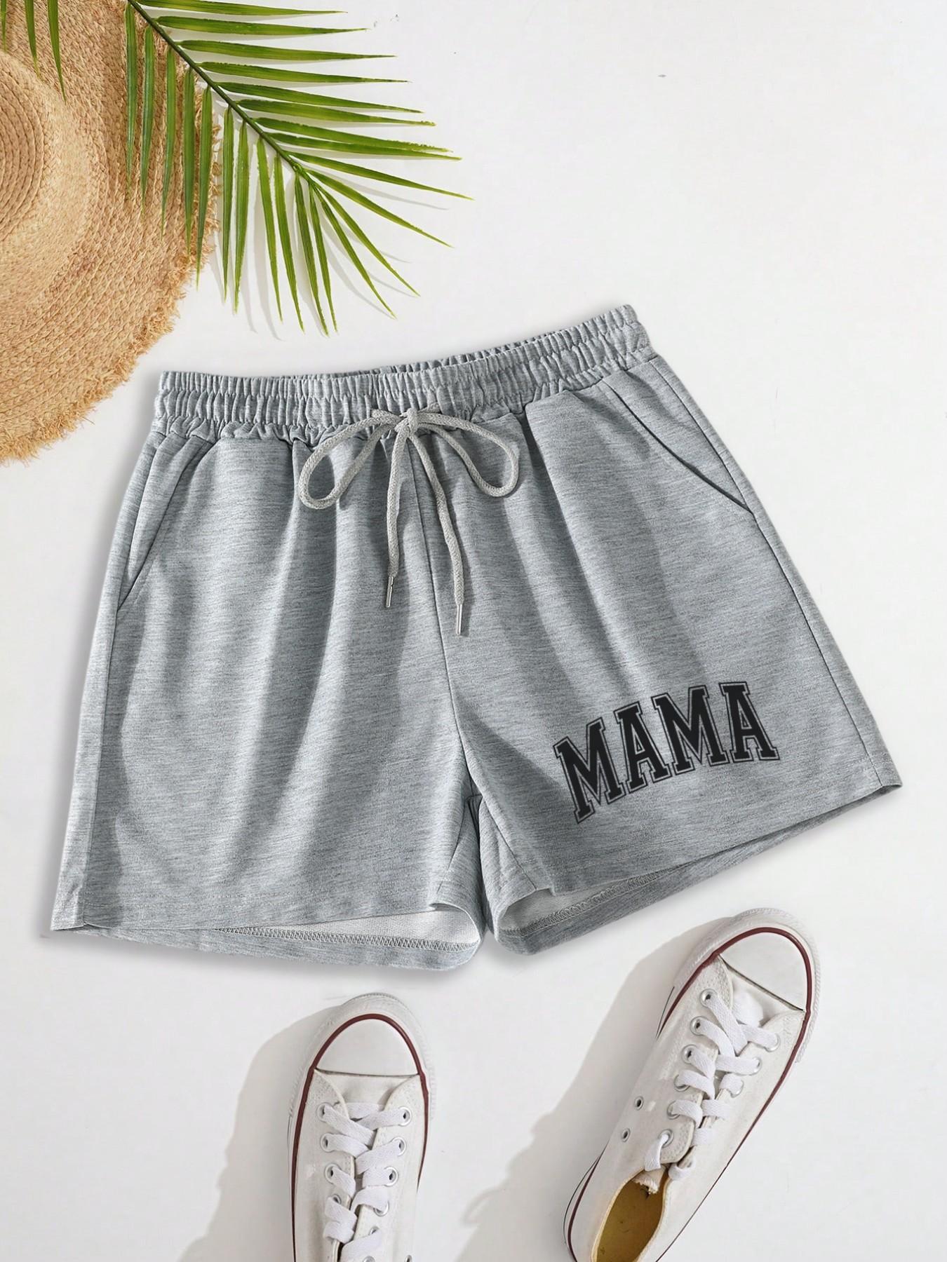 Women's Letter Print Drawstring Waist Shorts, Casual Elastic Waist Pocket Shorts for Summer, Ladies Bottoms for Daily Wear