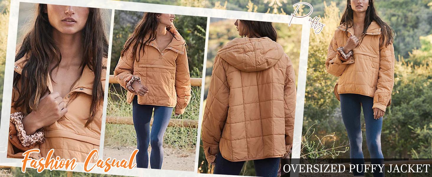 Ommig Women's Oversized Hooded Puffer Outerwear - Quilted, Lightweight, Warm Winter Pullover Coat with Button Closure, Basic Casual Tops