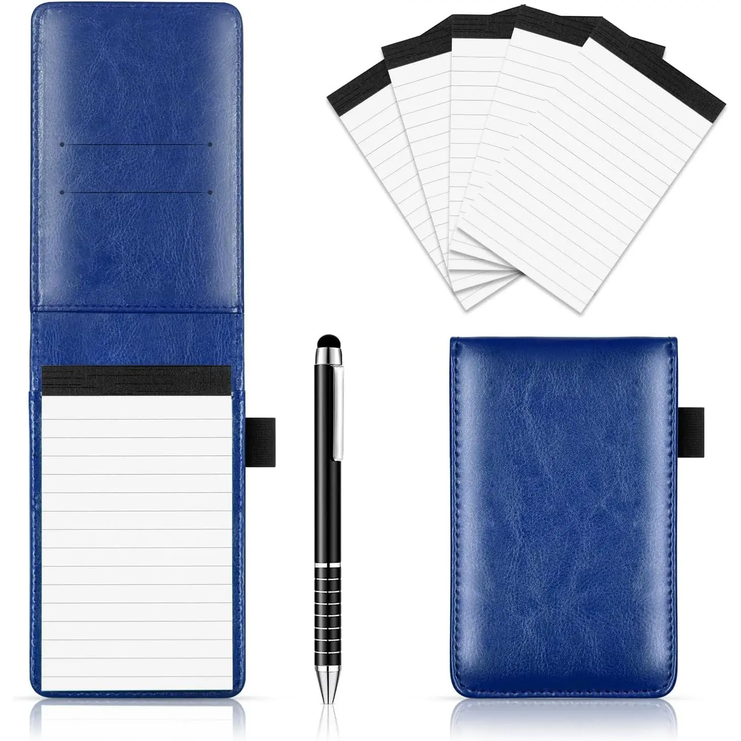 7 count Small Pocket Notepad Holder Set with Pen, Mini Portable Leather Pocket Notebook for offices, schools, restaurants (Blue)