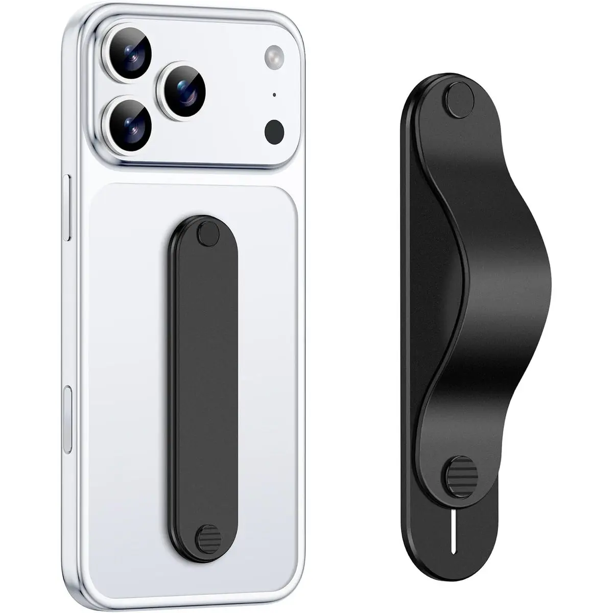 Mobile Phone Grip Holder with Finger Strap - Metal Aluminum Alloy Kickstand, Soft TPU Loop, Ultra Slim Comfortable Hand Grip for iPhone, Samsung and Most Smartphones, Black