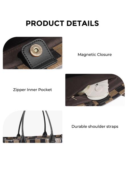 Women's Retro Checkered Letter Print Casual Tote Bag, Large Capacity Transparent Commuter Handbag, Versatile Daily Use Shoulder Bag