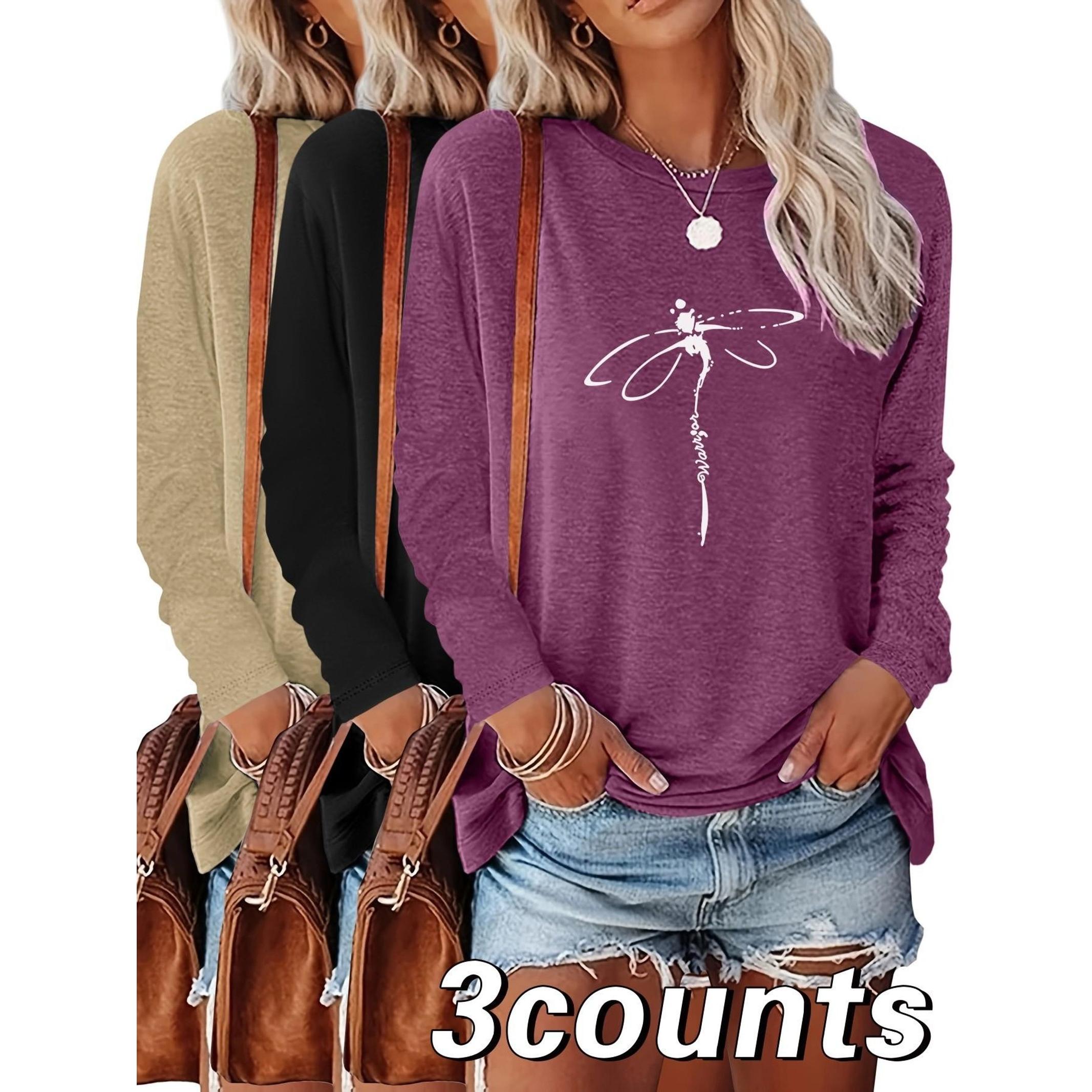 Women's Dragonfly Print Round Neck Tee, Casual Long Sleeve Crew Neck T-Shirt for Summer, Fashion Women's Top for Daily Wear, Everyday