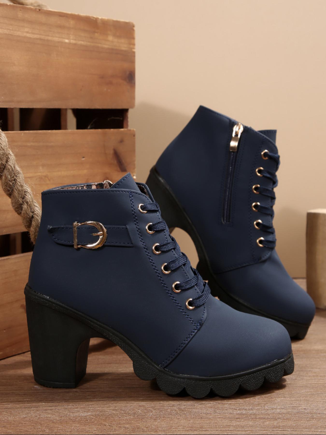 Women's Round Toe High Heel Thick Sole Shoes, Side Zipper with Metal Buckle Design, Fashion Short Boots for Outdoor and Commuting, Casual Boots, Casual Ankle Boots