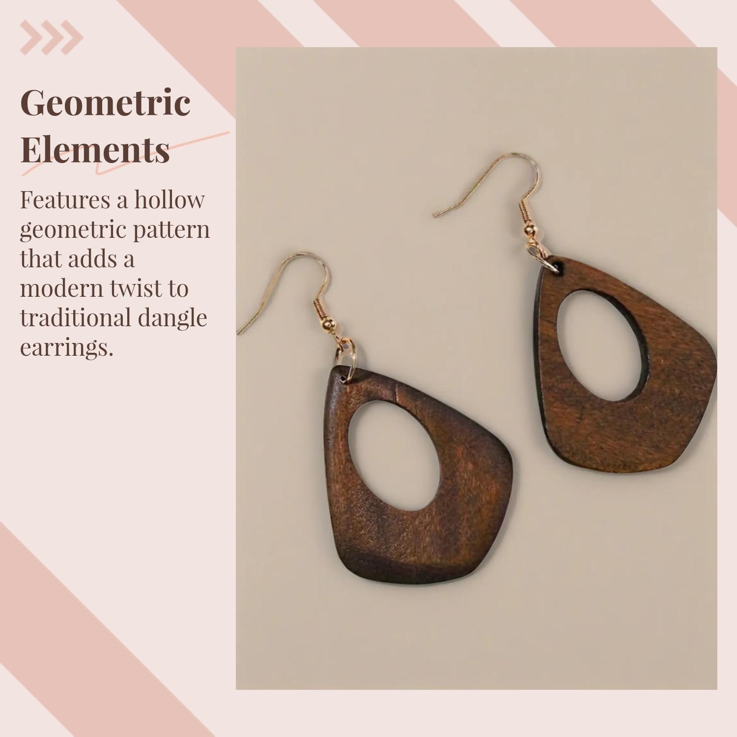 Wooden Dangle Earrings, Crafted From Wood Boho Style Hollow Out Geometric Design Earrings, Fashion Jewelry Accessories for Women & Girls, Unique Design Earrings