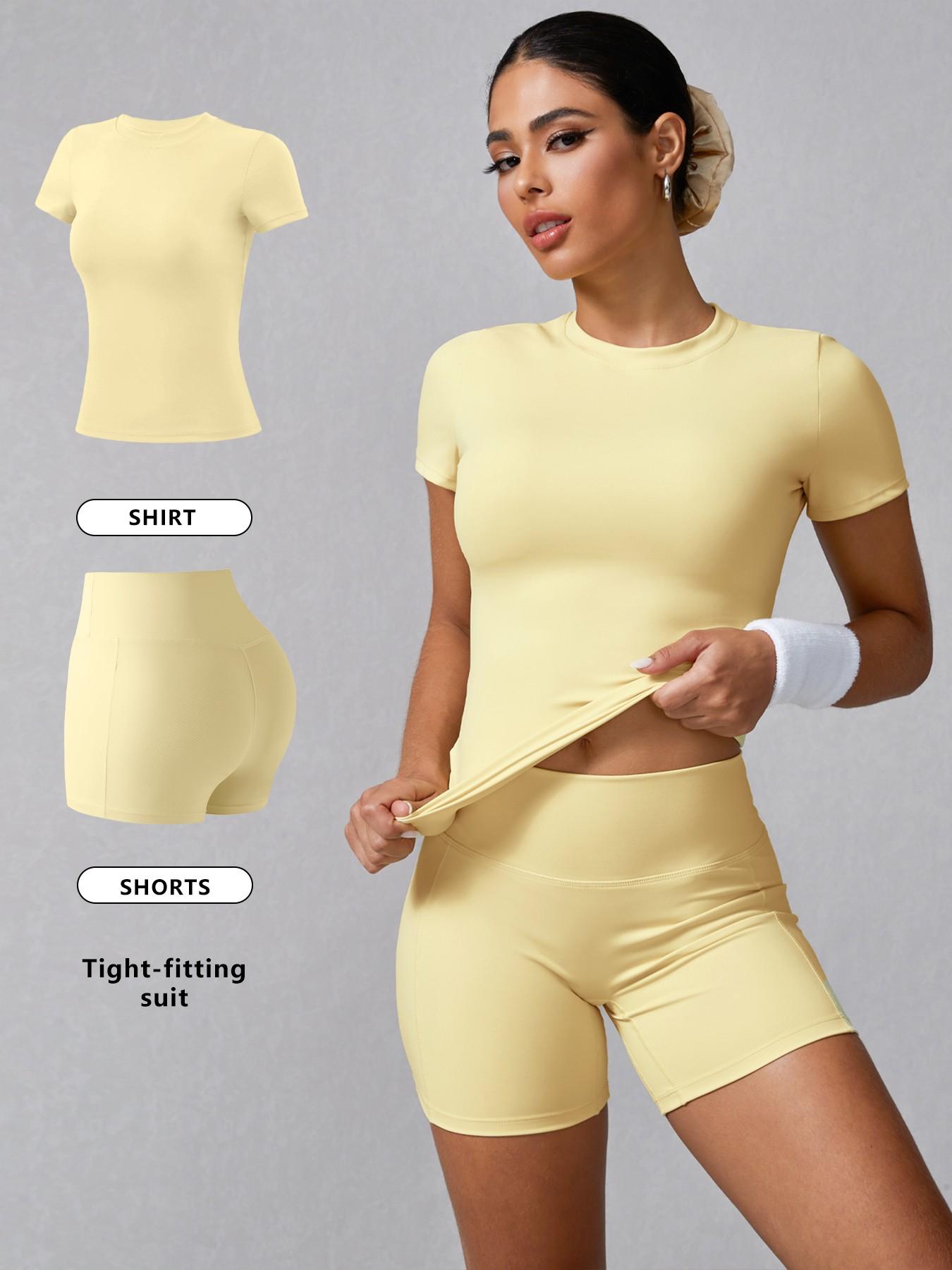 Women's Solid Ribbed Tee & High Waist Shorts Loungewear, Casual Comfy Round Neck Short Sleeve T-Shirt & Skinny Shorts PJ Set, Ladies Sleepwear for Summer, Pajama