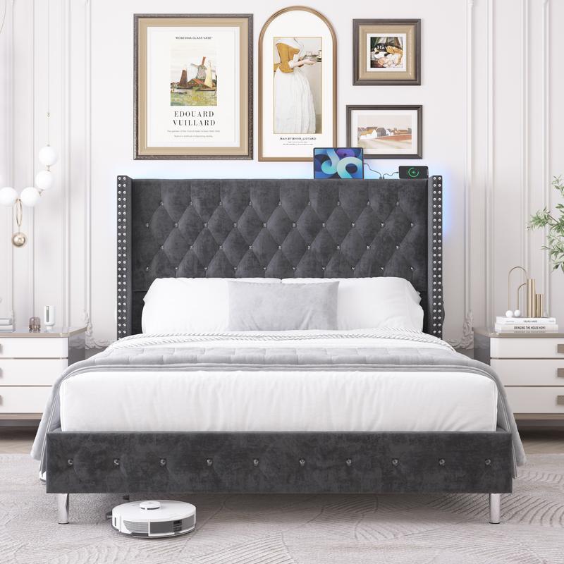 Queen LED Upholstered Bed Frame with Wingback Headboard, Velvet Diamond Button Tufted Bed Frame with USB & Type-C Ports, Wood Slats Support, No Box Spring Needed, Cream White/Dark Gray Queen LED Upholstered Bed Frame with Wingback Headboard, Velvet Diamond Button Tufted Bed Frame with USB & Type-C Ports, Wood Slats Support, No Box Spring Needed, Cream White/Dark Gray