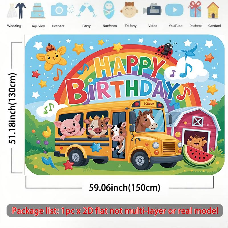 2D flat banner, 1pc Happy birthday with animals bus. Background Decoration Background Photo Props, Polyester Banner Decor, Home Decor, Room Decor, Wall Decor, birthday Party Background Decor, Party Decor/supplies/gifts Decorative Background