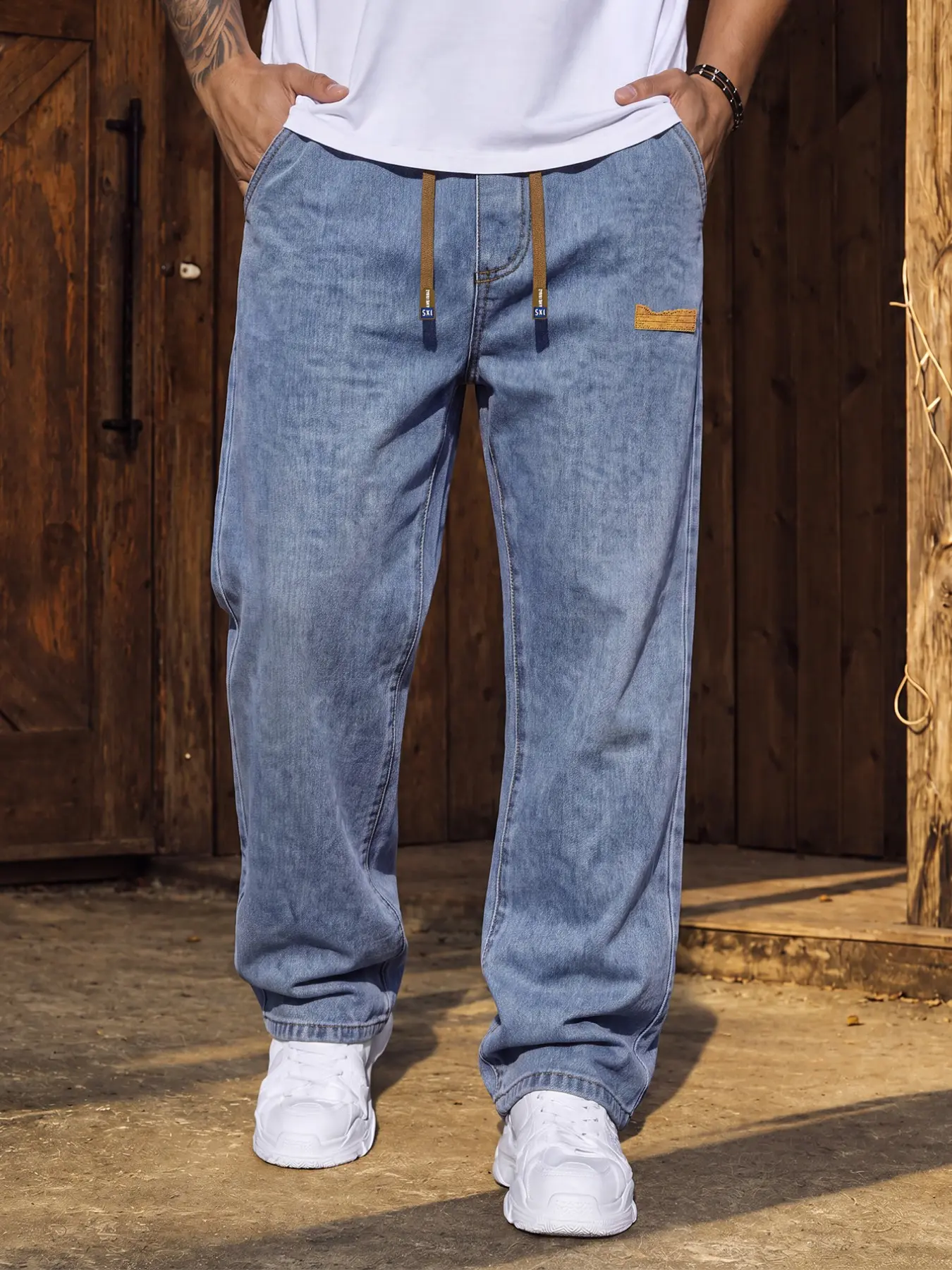 Men's Black Loose Straight-Leg Pants, Elastic Drawstring Waist with Patch Detail, Casual Streetwear Style, Fall Everyday Outfit