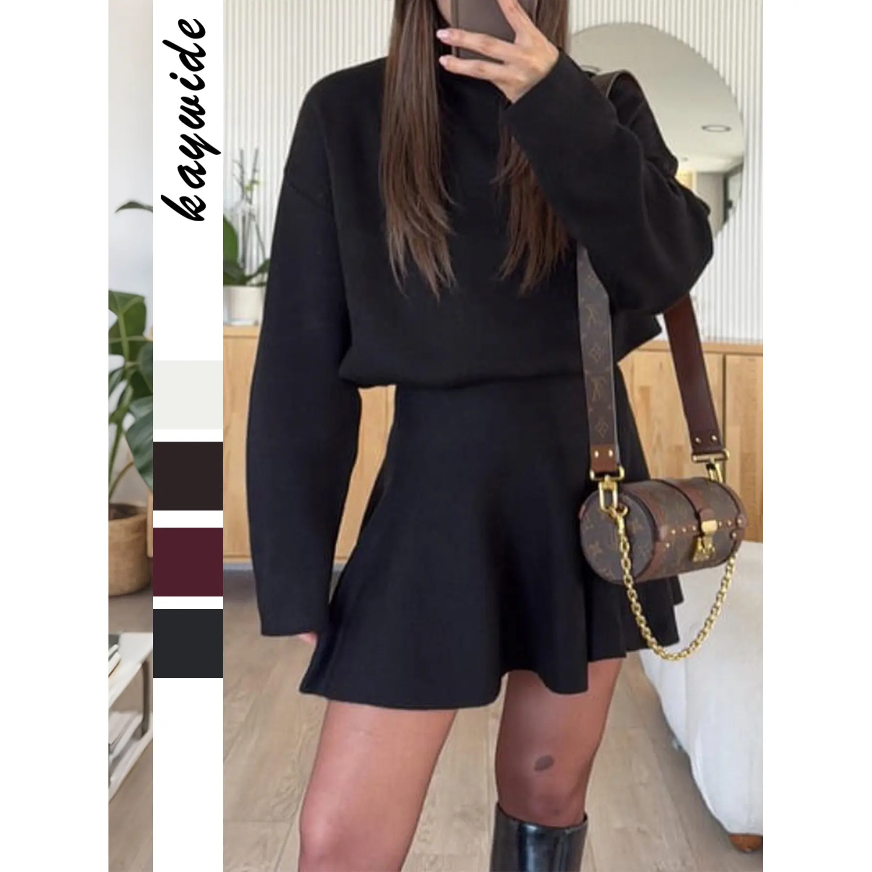 Women Turtleneck Knit 2 Piece Outfit Set, Oversized Long Sleeve Sweater Top High Waist Flare Mini Skirt, Fall Winter Matching Dress Set