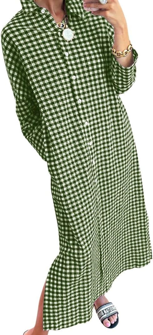 Women's Casual Loose Button Down Plaid Shirt Dress Long Sleeve Side Slit Cotton Gingham Maxi Dress