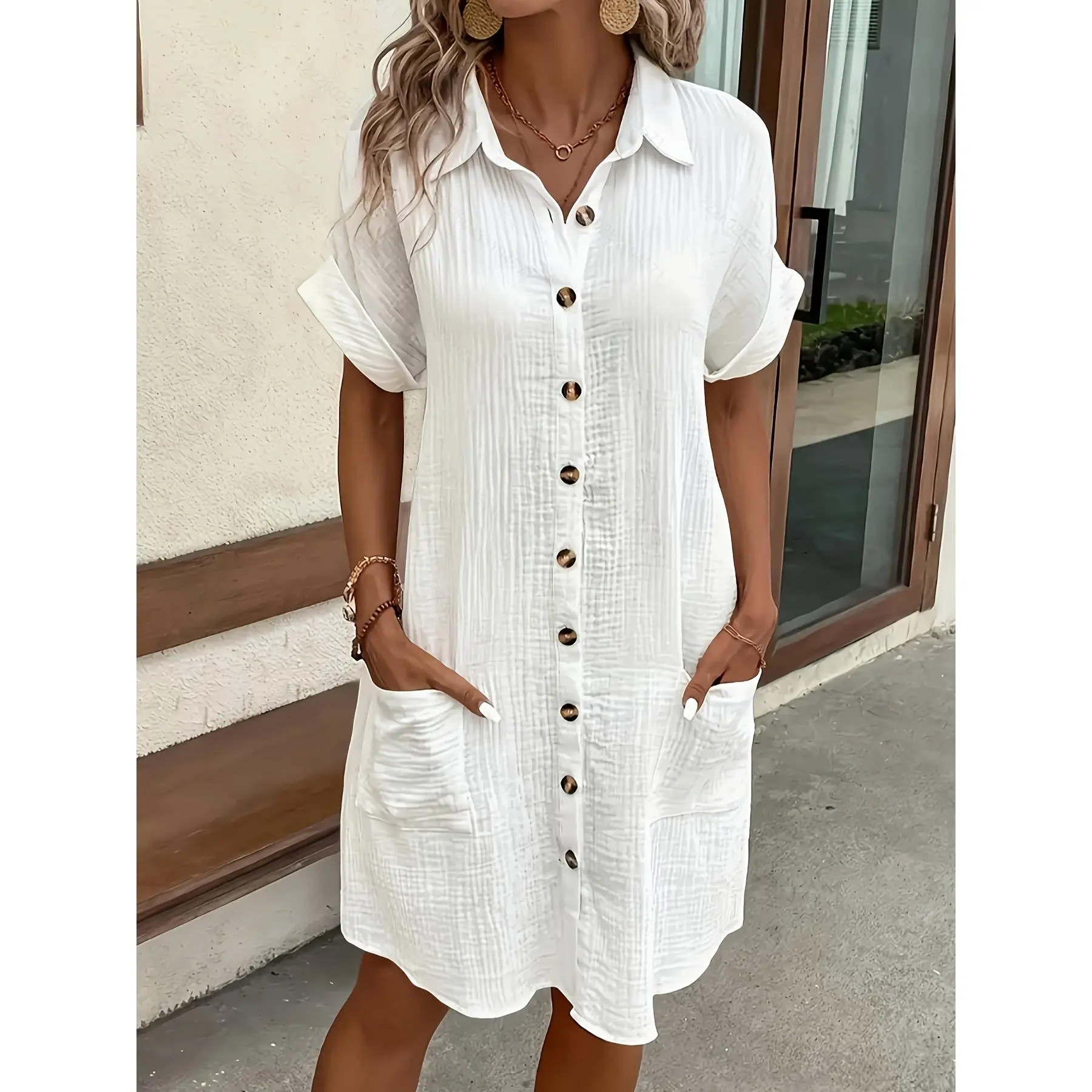 Shirt Dress, Solid-Color, Made of Breathable, Featuring Lapel Collar and Orderly Button Arrangement, Vintage Charm