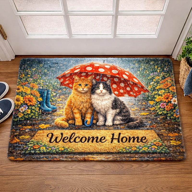 Cute Cats Umbrella Welcome Home Doormat Flannel Mat With Non Slip Rubber Bottom Durable Stain Resistant Machine Washable Multipurpose Rug Perfect For Indoor Outdoor Entry Kitchen Bedroom Bathroom Balcony Corridor Porch Home Decor Non-Slip Stair Treads Cute Cats Umbrella Welcome Home Doormat Flannel Mat With Non Slip Rubber Bottom Durable Stain Resistant Machine Washable Multipurpose Rug Perfect For Indoor Outdoor Entry Kitchen Bedroom Bathroom Balcony Corridor Porch Home Decor Non-Slip Stair Treads