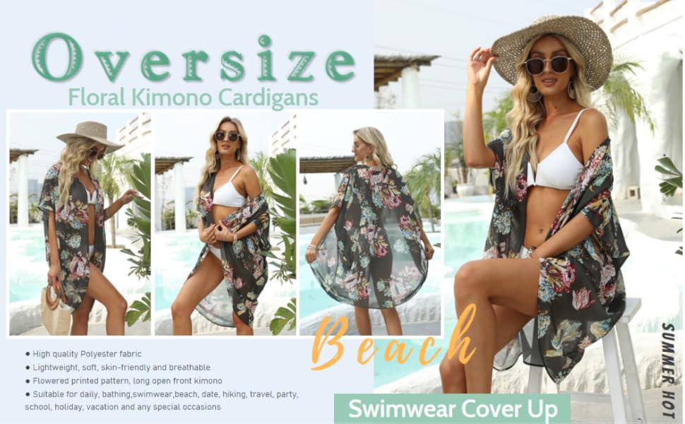Danedvi Womens Oversized Floral Kimono Cardigans Summer Casual Batwing Sleeve Shawl Chiffon Open Front Cover up