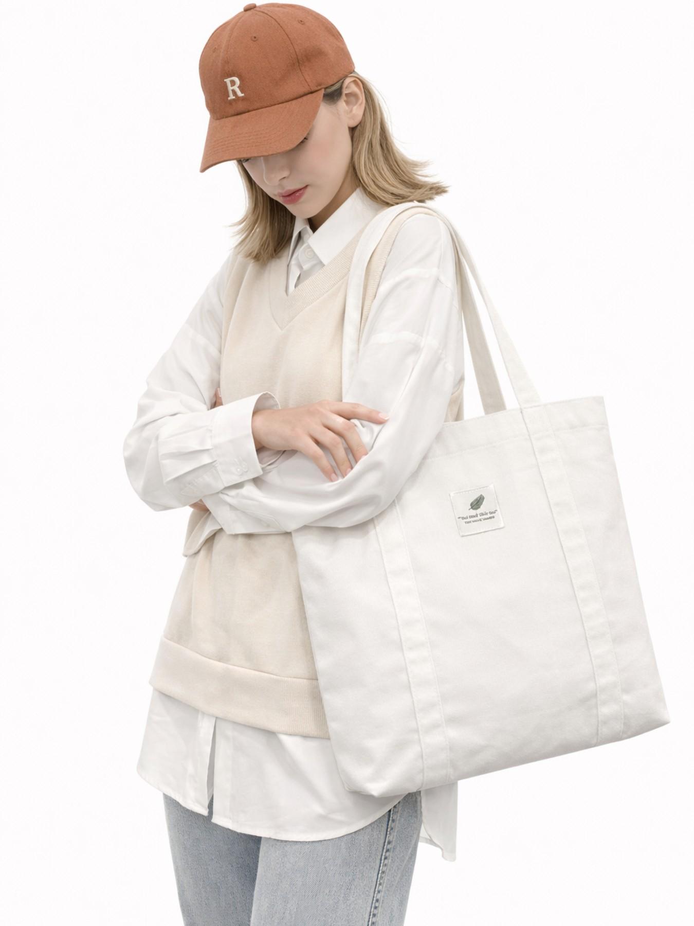 1 Piece Simple Fashionable Canvas Tote Bag, Casual Letter Leaf Print Shopping Shoulder Bag for Ladies Students